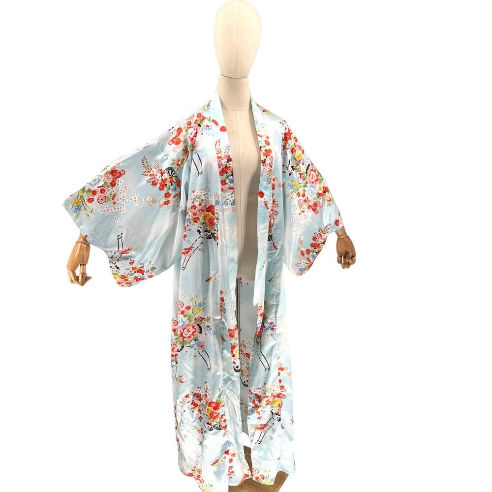 Vintage 90s Ichiban Pastel Blue Floral Long Robe Kimono